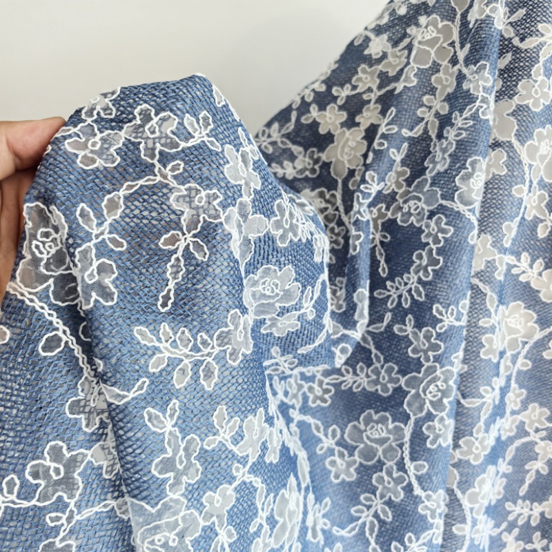 Embroidery Flower Pattern - Floral Embroidery Tulle Lace Fabric Blue