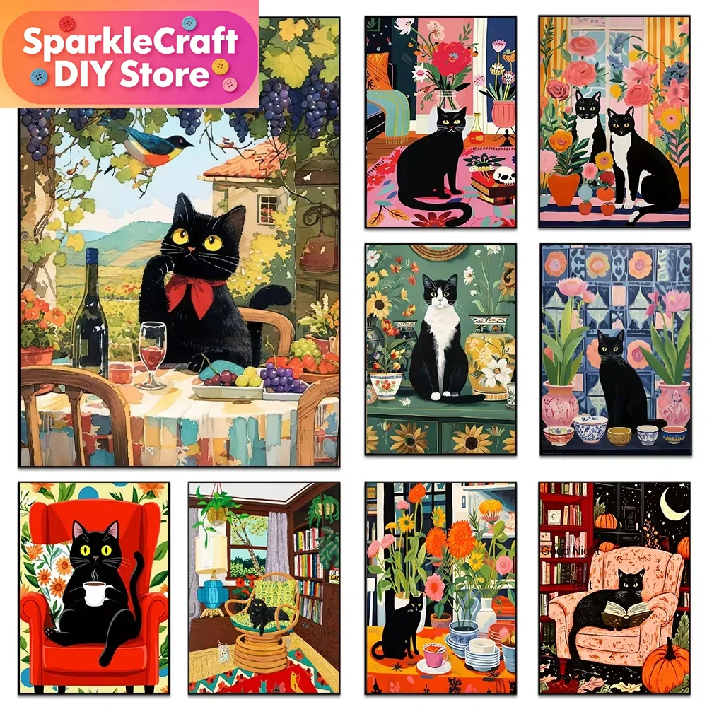 1pc frameless Cartoon Black Ca - Embroidery Cat 评论和价格