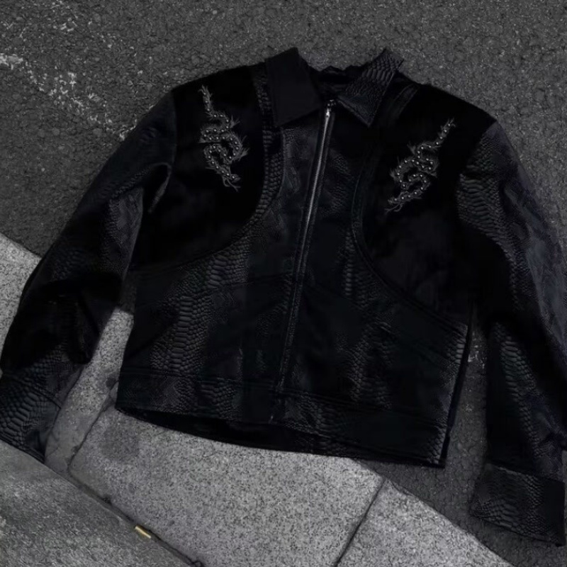 Men Black Snake Embossed Jacke - Embroidery Jacket 评论和价格