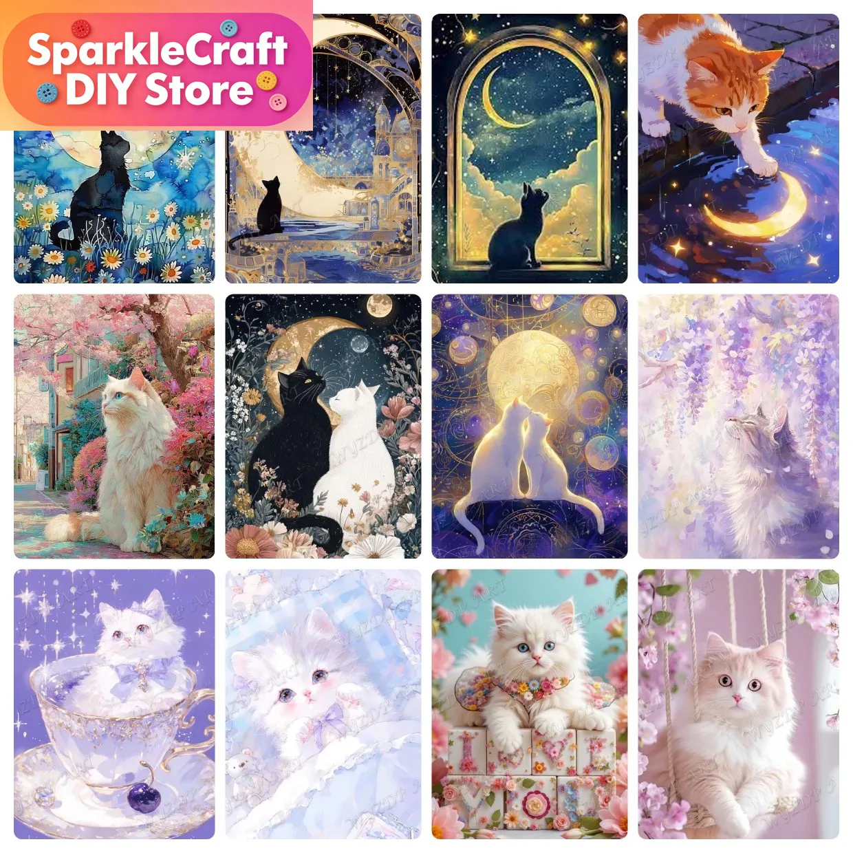 Animal Cat Moon Diamond Painti - Embroidery Cat 评论和价格