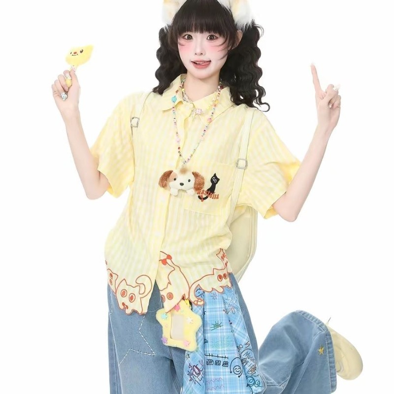 Kimutomo Shirts Women Embroide - Embroidery Cat 评论和价格