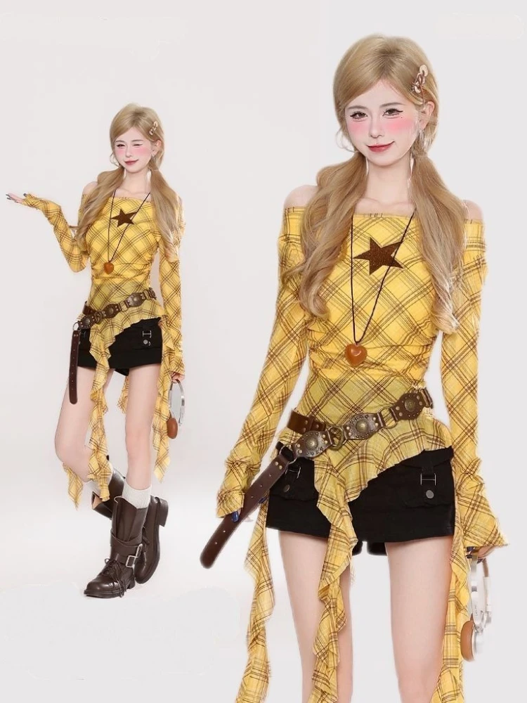 Y2K Plaid Slash Neck Vintage T - Embroidery Shirt 评论和价格