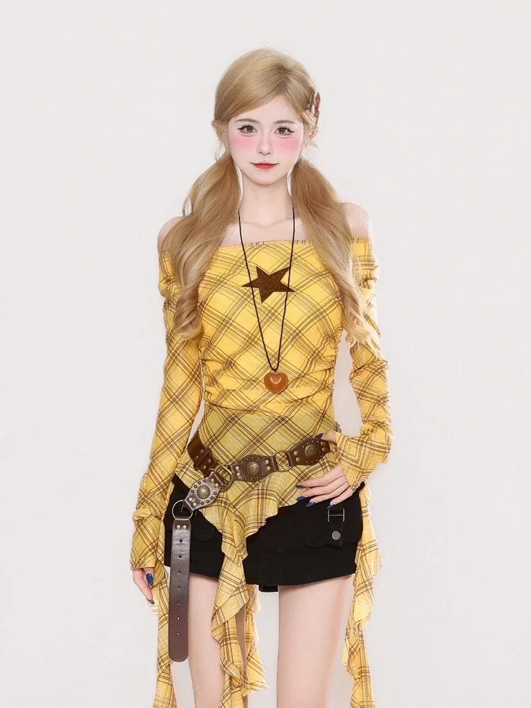 Y2K Plaid Slash Neck Vintage T - Embroidery Shirt 评论和价格