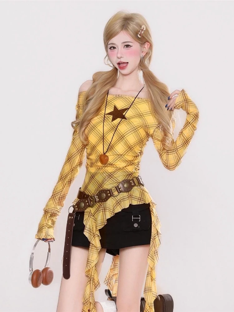 Y2K Plaid Slash Neck Vintage T - Embroidery Shirt 评论和价格