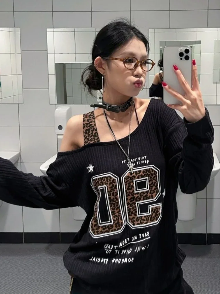 Y2K Patchwork Leopard Print T- - Embroidery Shirt 评论和价格