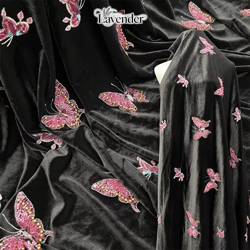 Black soft velvet fabric with  - Velvet Fabric Embroidery 评论和价格